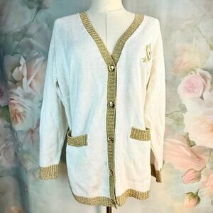 Vintage Studio Narducci Cream & Gold Trim Nautical Button Up Cardigan Sweater